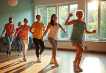 Groupe d adultes pratiquant une danse joyeuse en centre communautaire