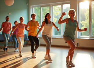 Bienfaits de la danse : quel impact sur la santé et le bien-être ? Groupe d adultes pratiquant une danse joyeuse en centre communautaire