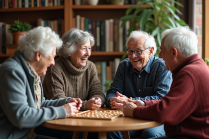 Quatre seniors rient en jouant à un jeu de société dans une bibliothèque chaleureuse