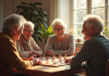 Groupe de seniors jouant à un jeu de société dans un salon lumineux