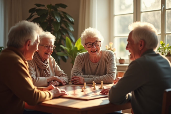 Groupe de seniors jouant à un jeu de société dans un salon lumineux