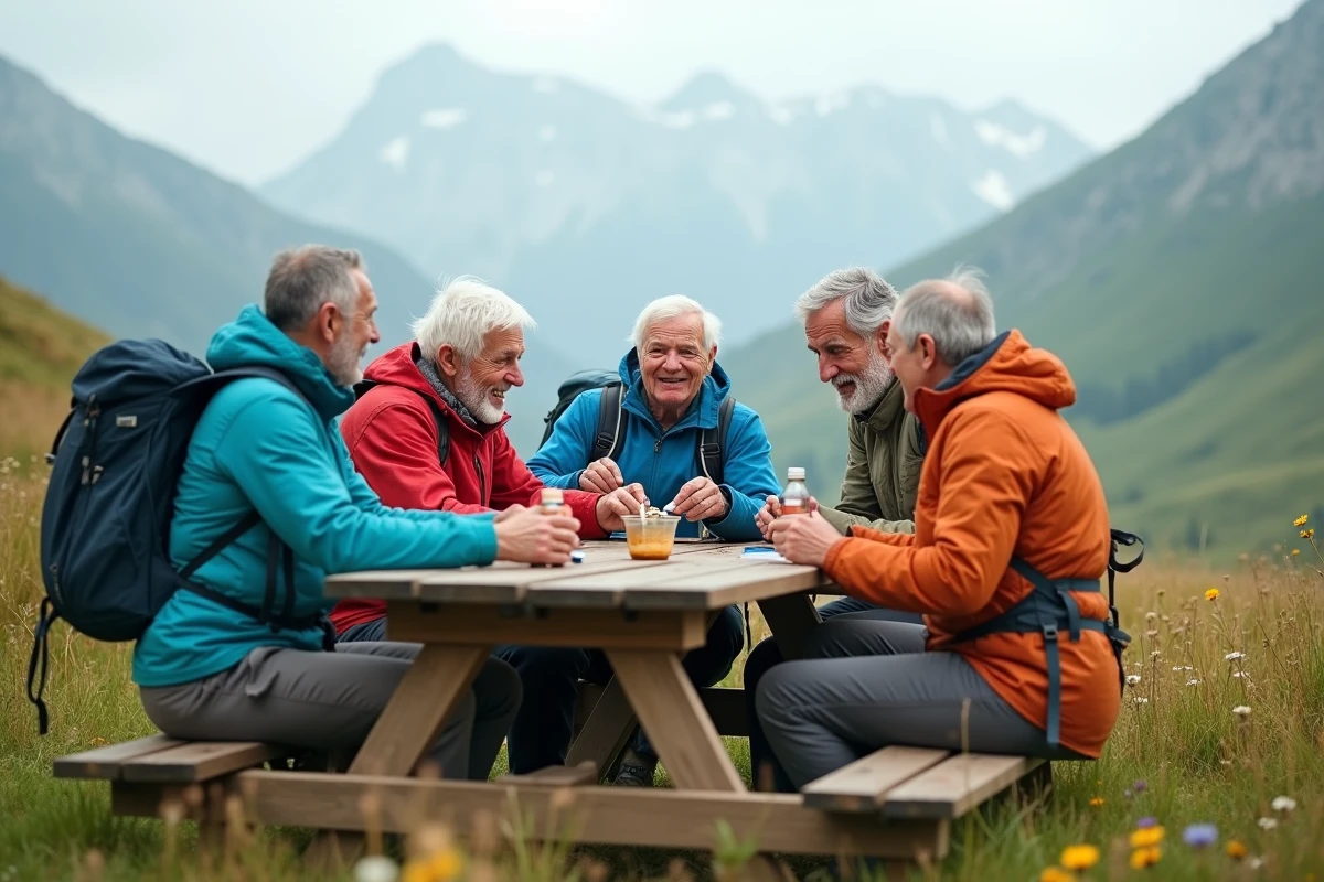 Groupe de randonneurs seniors célibataires en pause repas conviviale dans un pré alpin