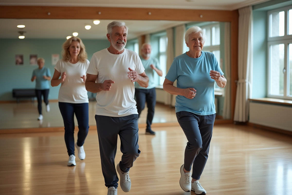 Groupe de seniors en mouvement dans une salle de sport moderne