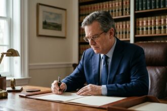 Homme d affaires en costume signature un document dans un bureau professionnel