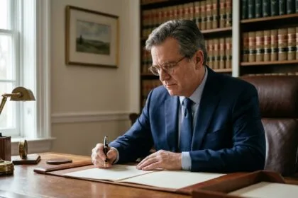 Homme d affaires en costume signature un document dans un bureau professionnel