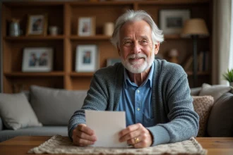 Homme de 70 ans souriant tenant une carte d anniversaire dans un salon chaleureux