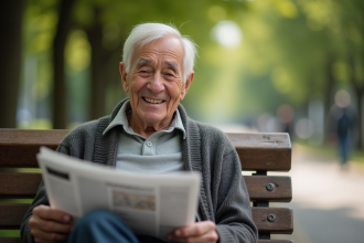 Homme âgé lisant un journal dans un parc urbain