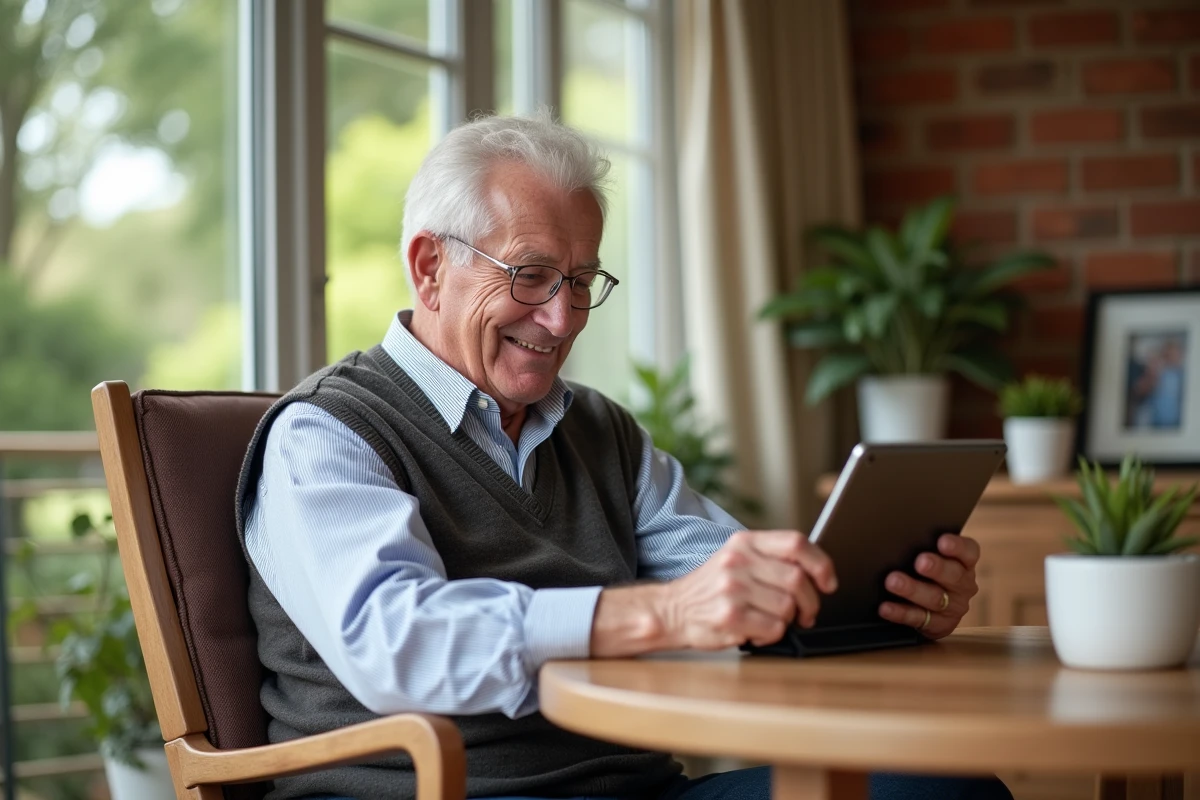 Homme senior utilisant une tablette dans un veranda lumineuse