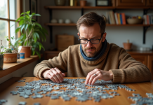 Passionné de puzzle : nom pour désigner cette personne et origine Homme d'âge moyen assemble un puzzle dans une salle à manger chaleureuse