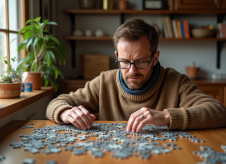Passionné de puzzle : nom pour désigner cette personne et origine Homme d'âge moyen assemble un puzzle dans une salle à manger chaleureuse