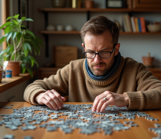 Passionné de puzzle : nom pour désigner cette personne et origine Homme d'âge moyen assemble un puzzle dans une salle à manger chaleureuse