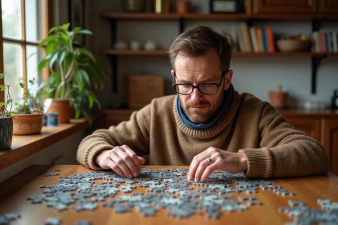 homme-assemble-puzzle-salon Homme d'âge moyen assemble un puzzle dans une salle à manger chaleureuse
