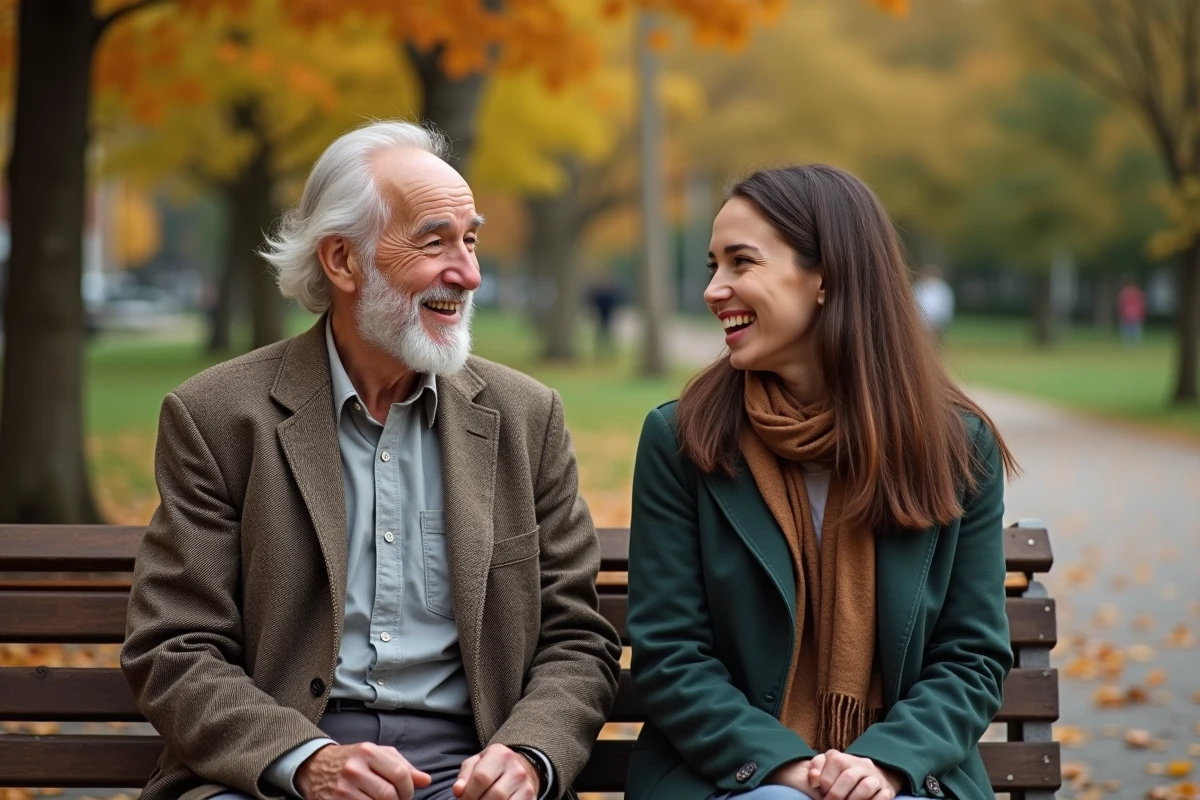 Homme âgé riant avec une jeune femme sur un banc en automne