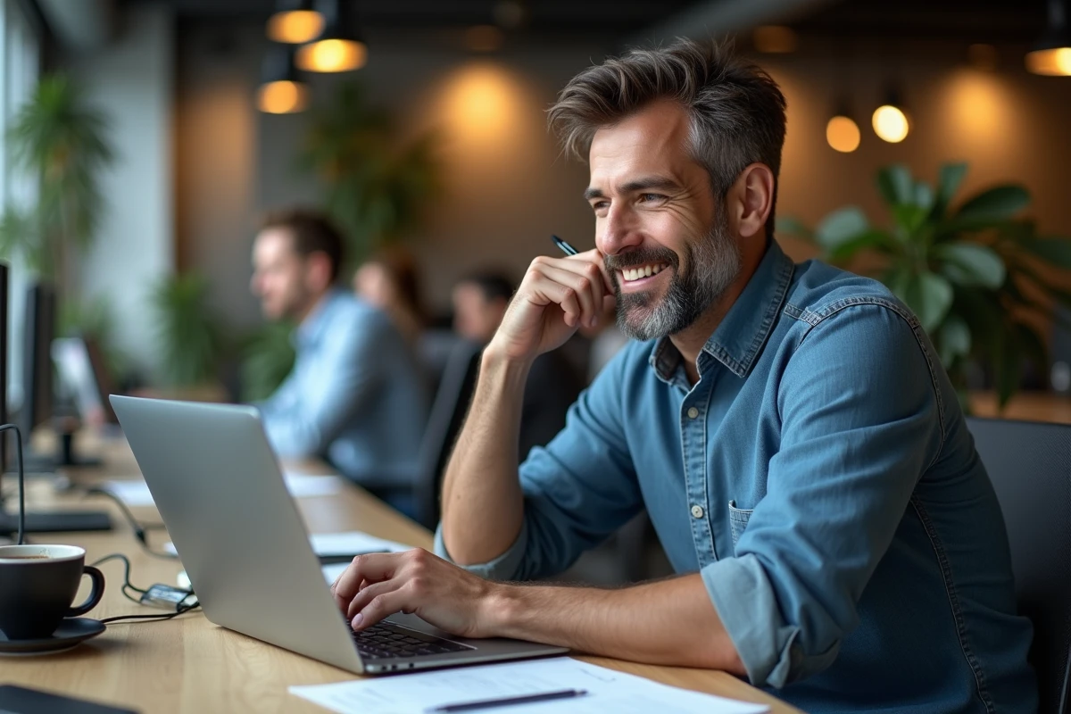 Homme en tenue décontractée travaillant sur un ordinateur au bureau