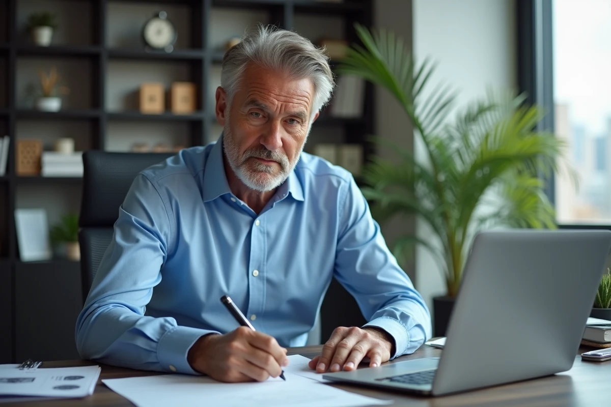 Homme d'âge moyen prenant des notes au bureau