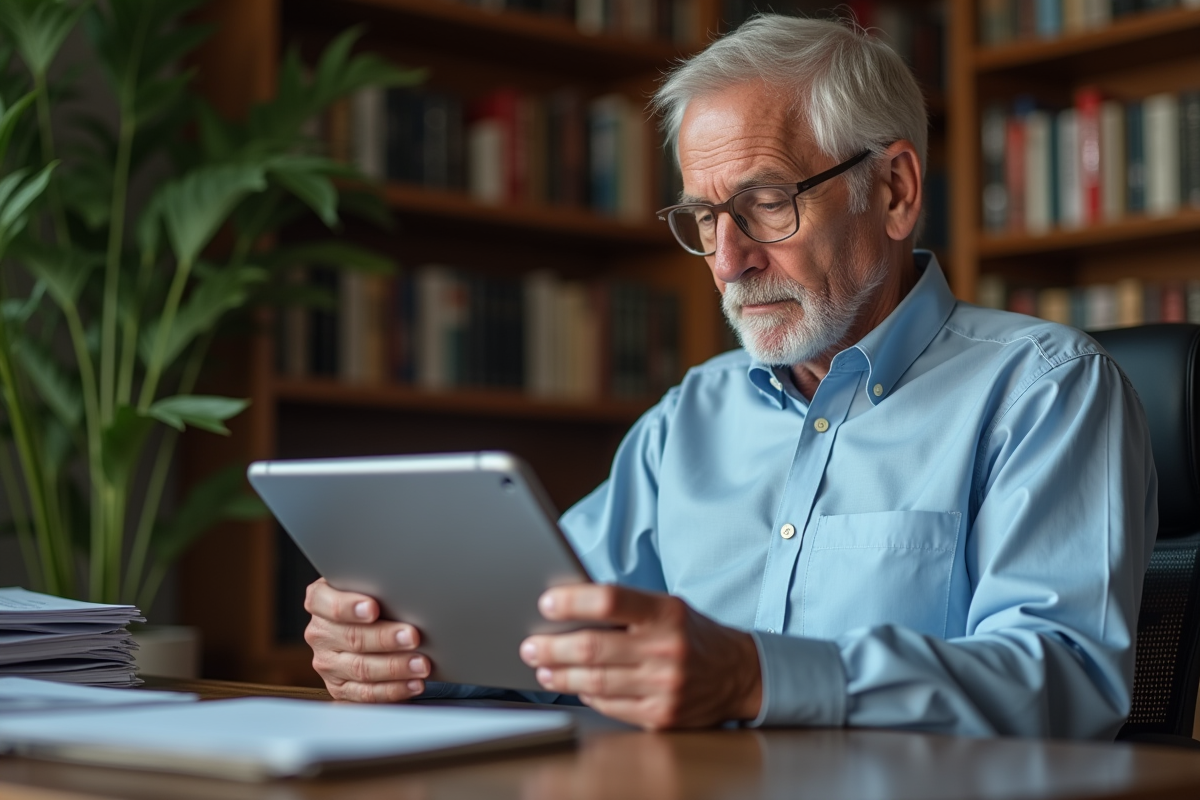 Homme âgé utilisant une tablette pour rechercher un moniteur de pression