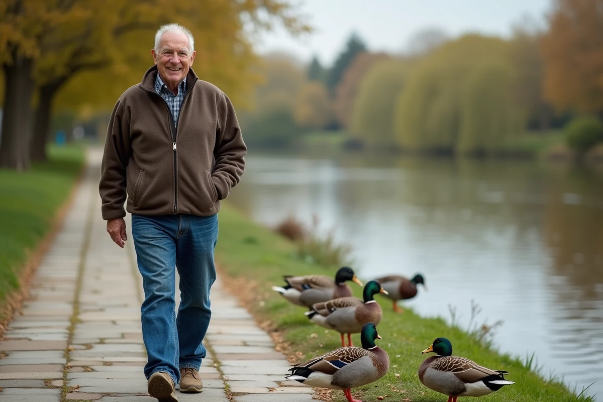 Homme âgé nourrissant des canards au bord de la rivière