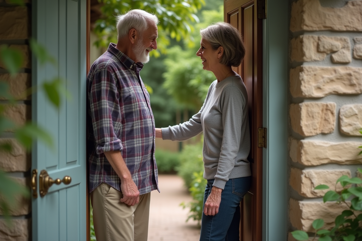 Homme âgé avec sa fille devant la maison