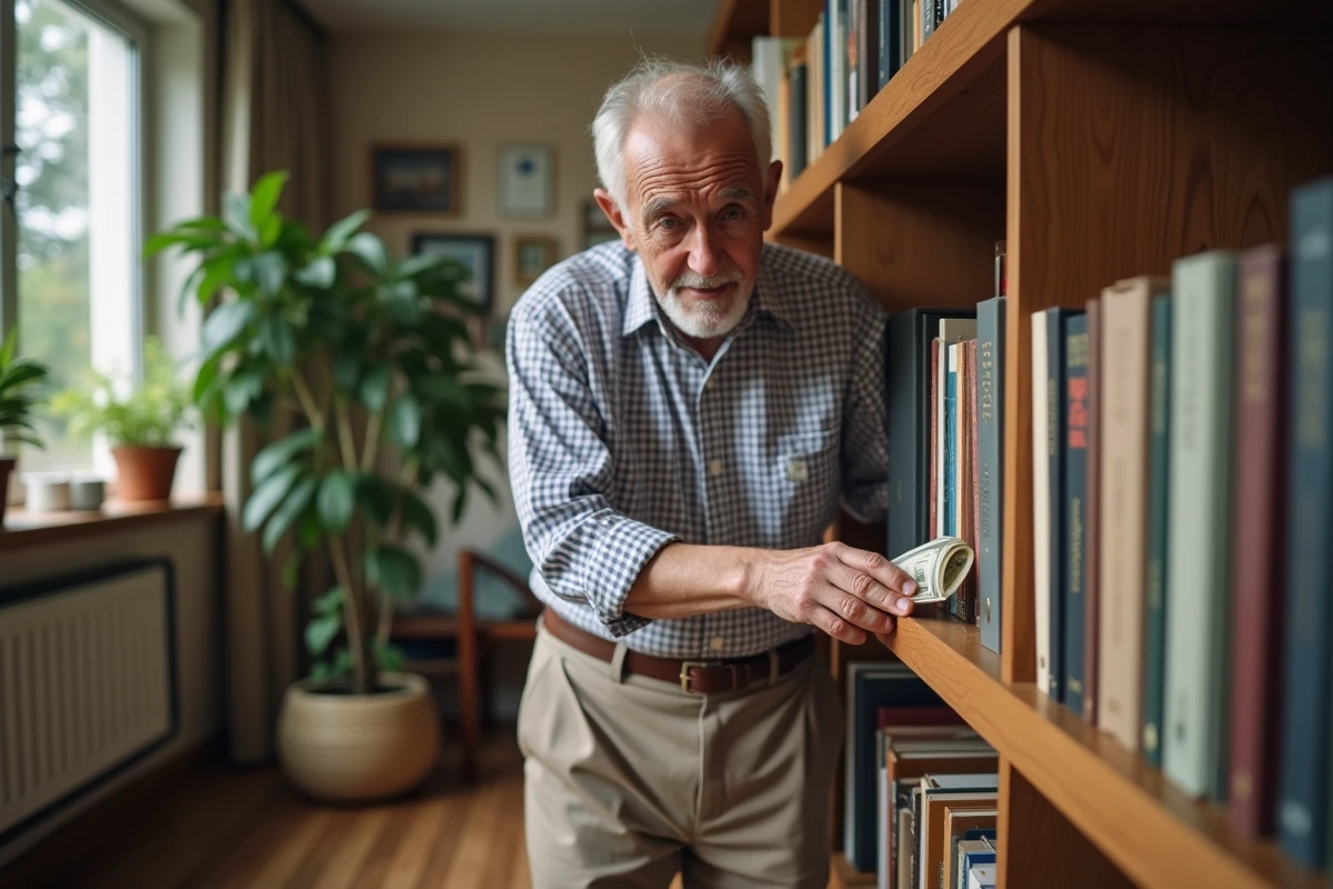 Homme âgé rangeant des billets derrière des livres dans le salon