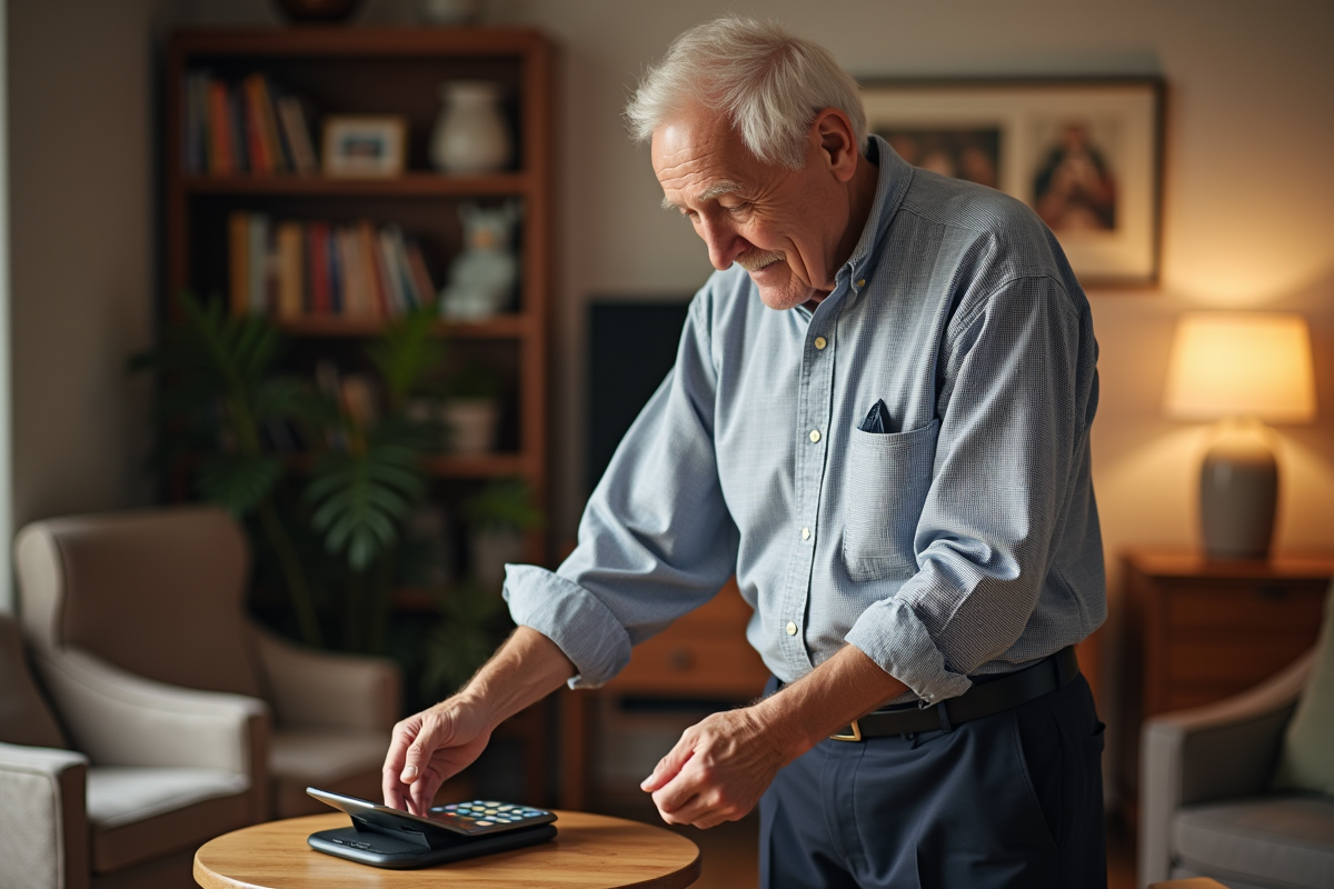 Homme âgé posant un téléphone à grosses touches sur sa station de charge