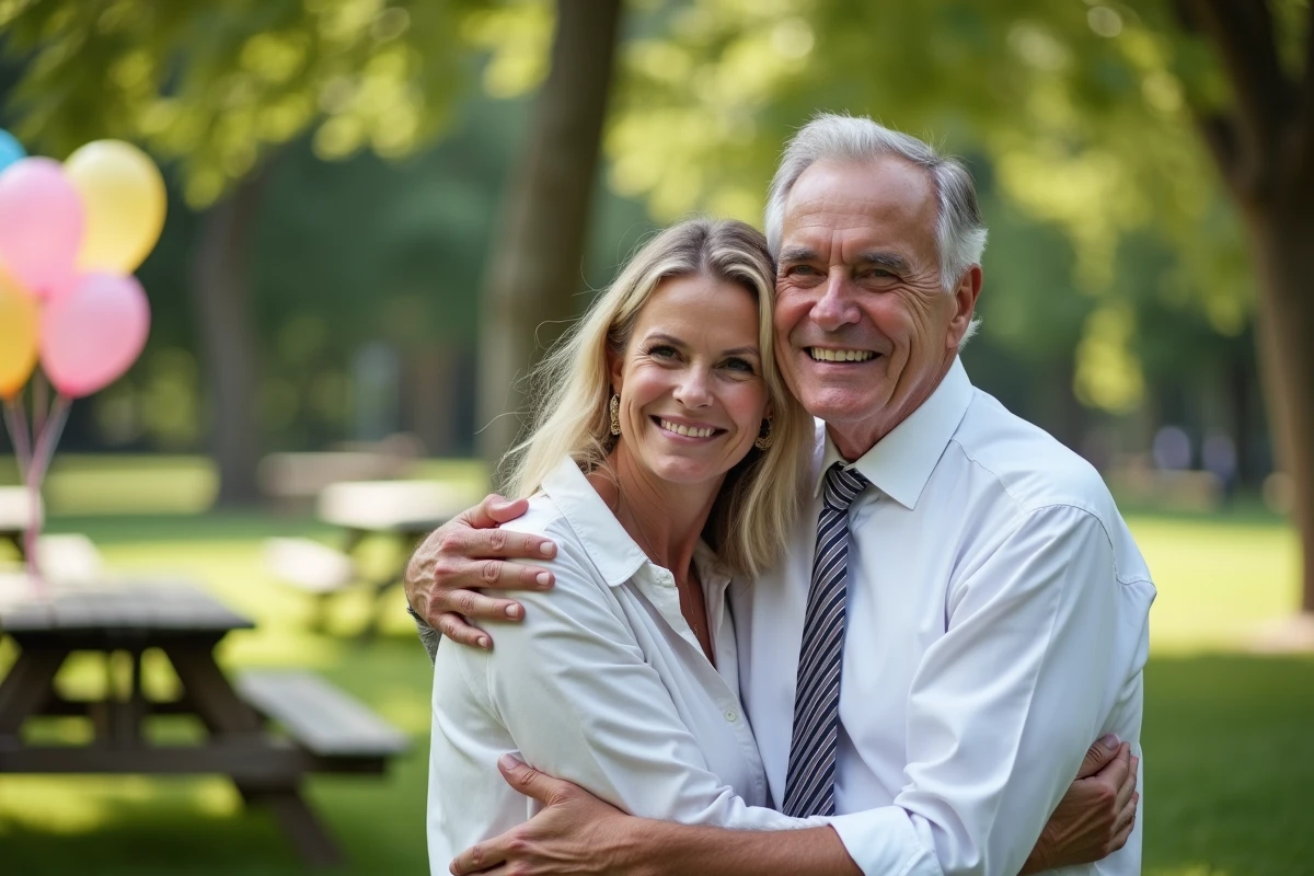 Homme de 70 ans en chemise blanche embrassant sa fille dans un parc lors d une fête