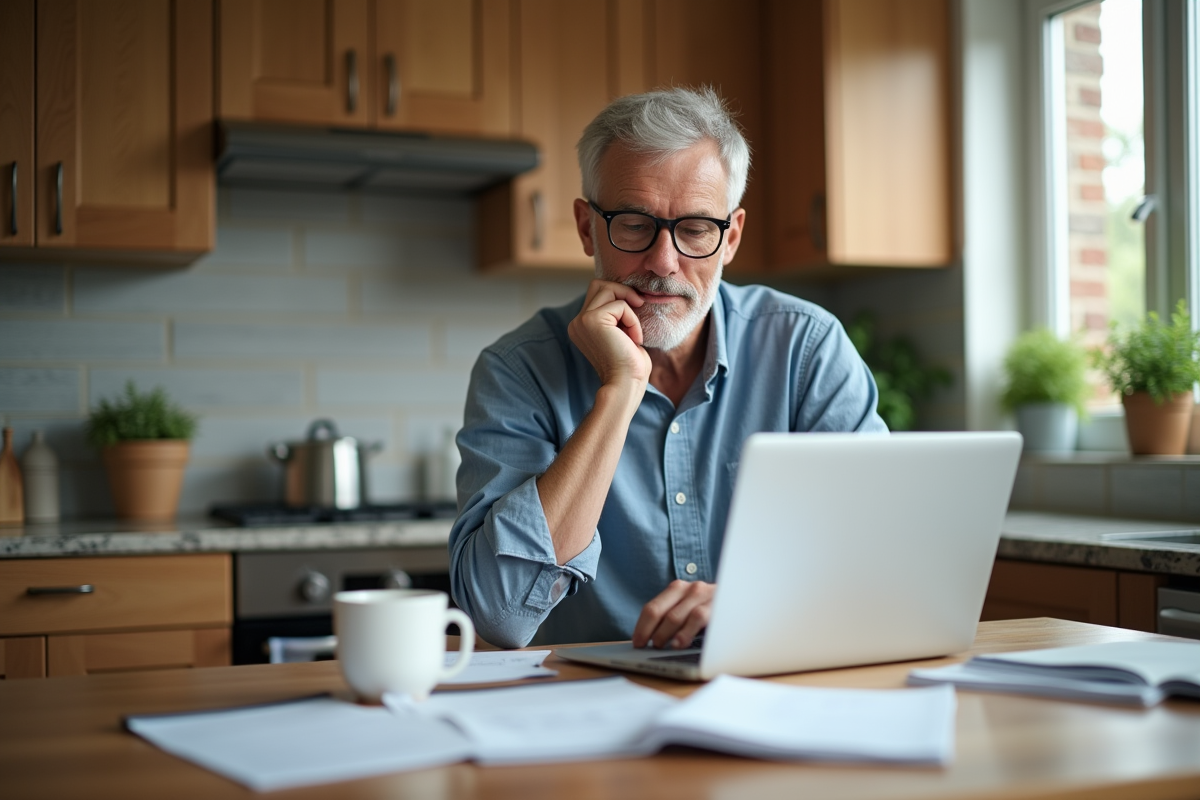 Homme de 60 ans planifiant ses finances à la maison