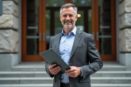 Homme d age en costume souriant devant un bâtiment municipal