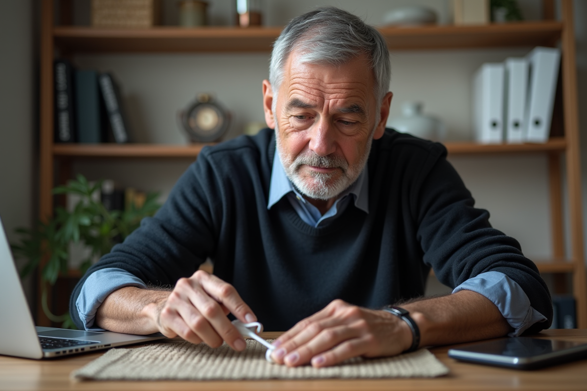 Homme âgé nettoyant un filtre d appareil auditif au bureau
