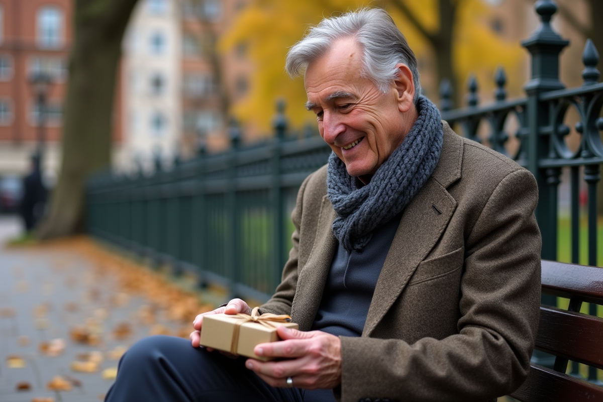Homme âgé ouvrant un coffret à montre dans un parc en automne