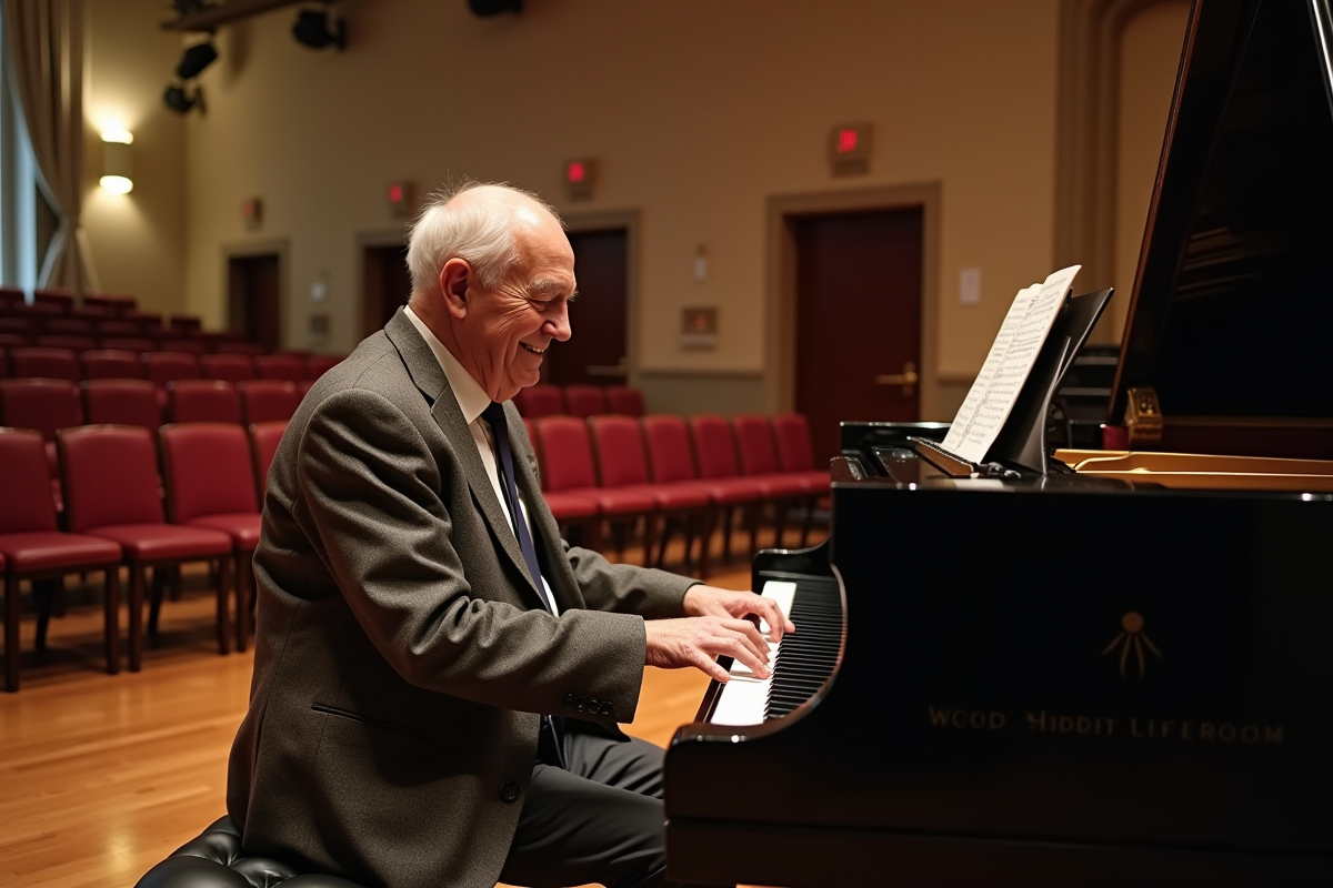 Homme de 70 ans jouant du piano dans salle de concert