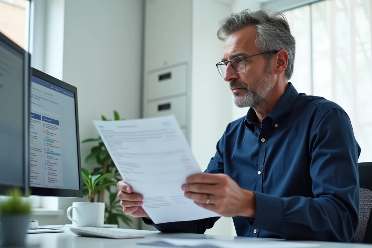 Un homme compare un formulaire papier et un portail administratif Mon Proxima sur écran pour un dossier de majeur protégé
