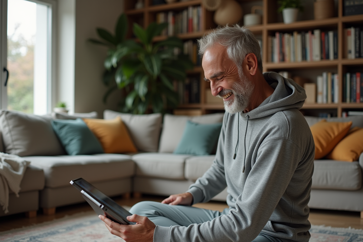 Homme concentré suivant un tutoriel de ballet à la maison