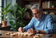 Jeu pour intellectuel : améliorer les capacités cérébrales avec des jeux Homme d'âge moyen résolvant un puzzle en bois dans un bureau moderne