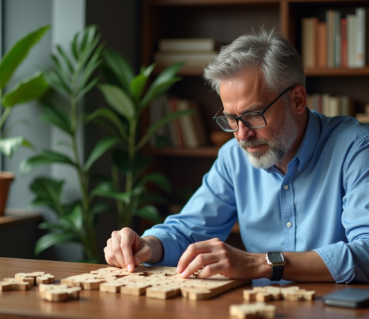 Jeu pour intellectuel : améliorer les capacités cérébrales avec des jeux Homme d'âge moyen résolvant un puzzle en bois dans un bureau moderne