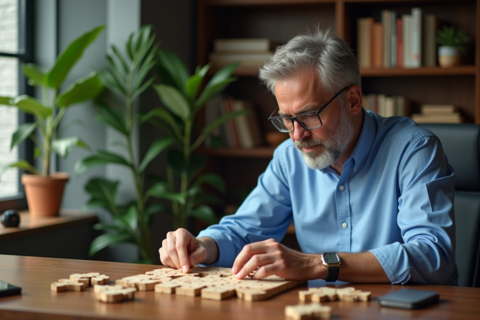 Homme d'âge moyen résolvant un puzzle en bois dans un bureau moderne
