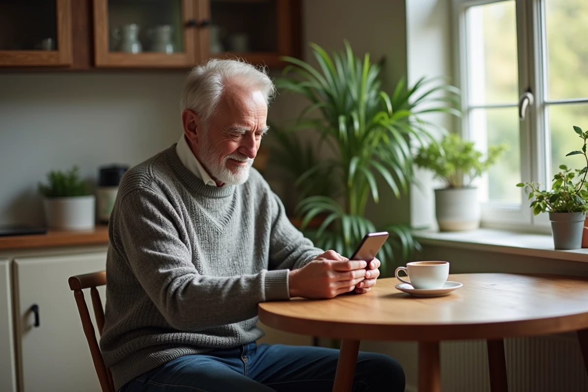 Homme retraité dans sa cuisine avec téléphone