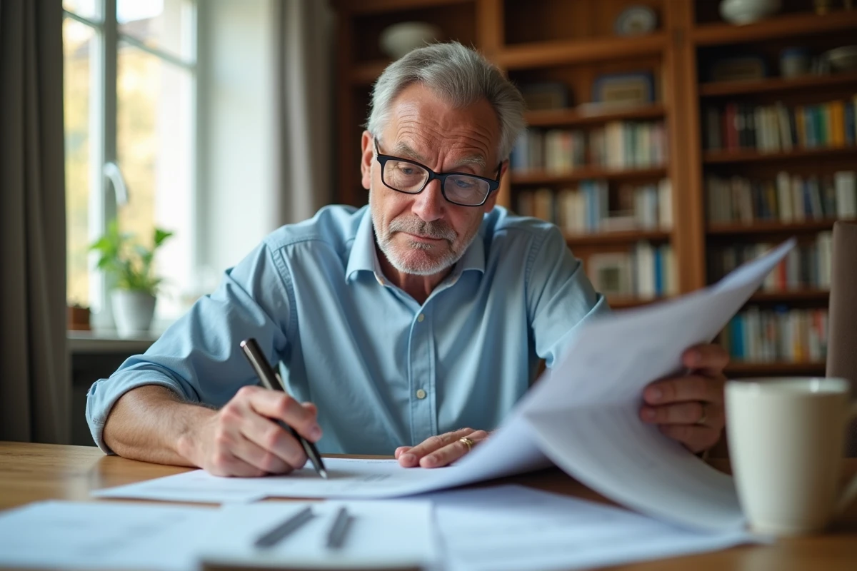 Homme retraité examinant ses documents de retraite Agirc-Arrco à la maison