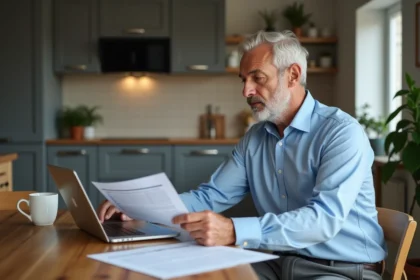 Homme d'âge moyen étudiant ses documents de pension à la maison