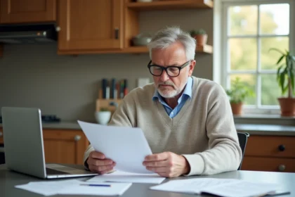 Homme d'âge moyen lisant des papiers dans une cuisine moderne