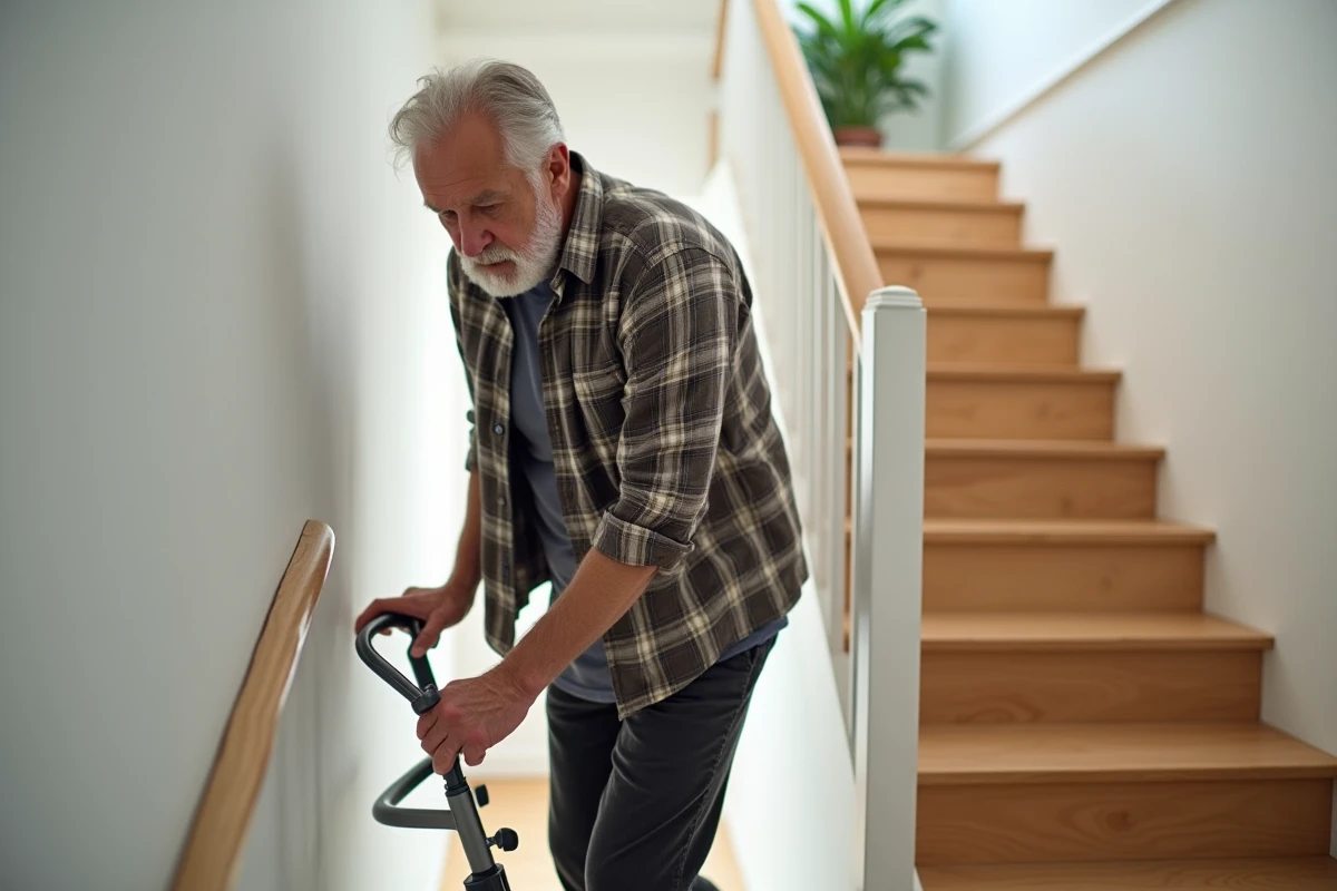 Homme âgé utilisant un monte-escalier debout portable dans un couloir d'appartement moderne, prise en main incorrecte de la poignée causant une gêne visible