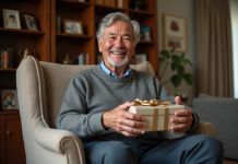 Les plus beaux cadeaux à offrir à un homme de 70 ans Homme de 70 ans souriant en déballant un cadeau dans un salon chaleureux