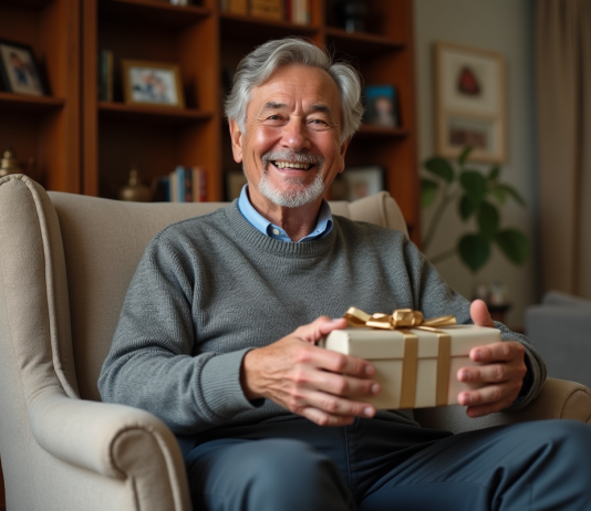 Homme de 70 ans souriant en déballant un cadeau dans un salon chaleureux