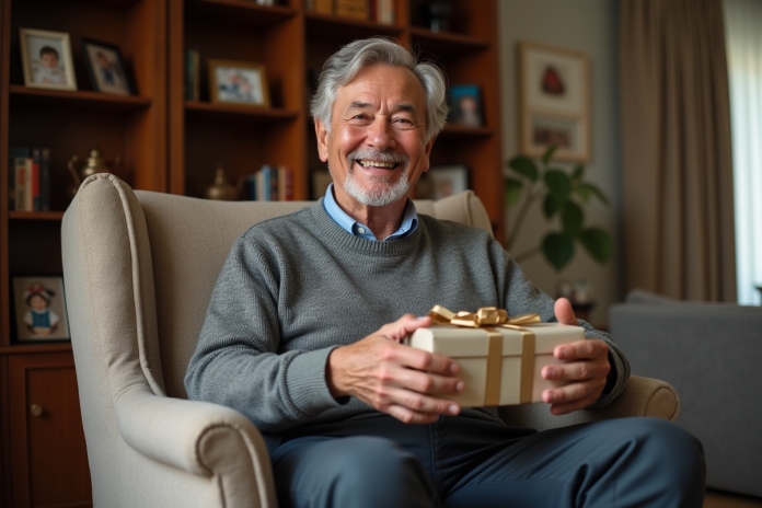 homme-souriant-cadeau-noel Homme de 70 ans souriant en déballant un cadeau dans un salon chaleureux