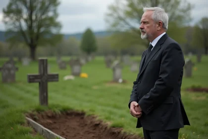 Homme en costume sombre près d'une tombe dans un cimetière rural