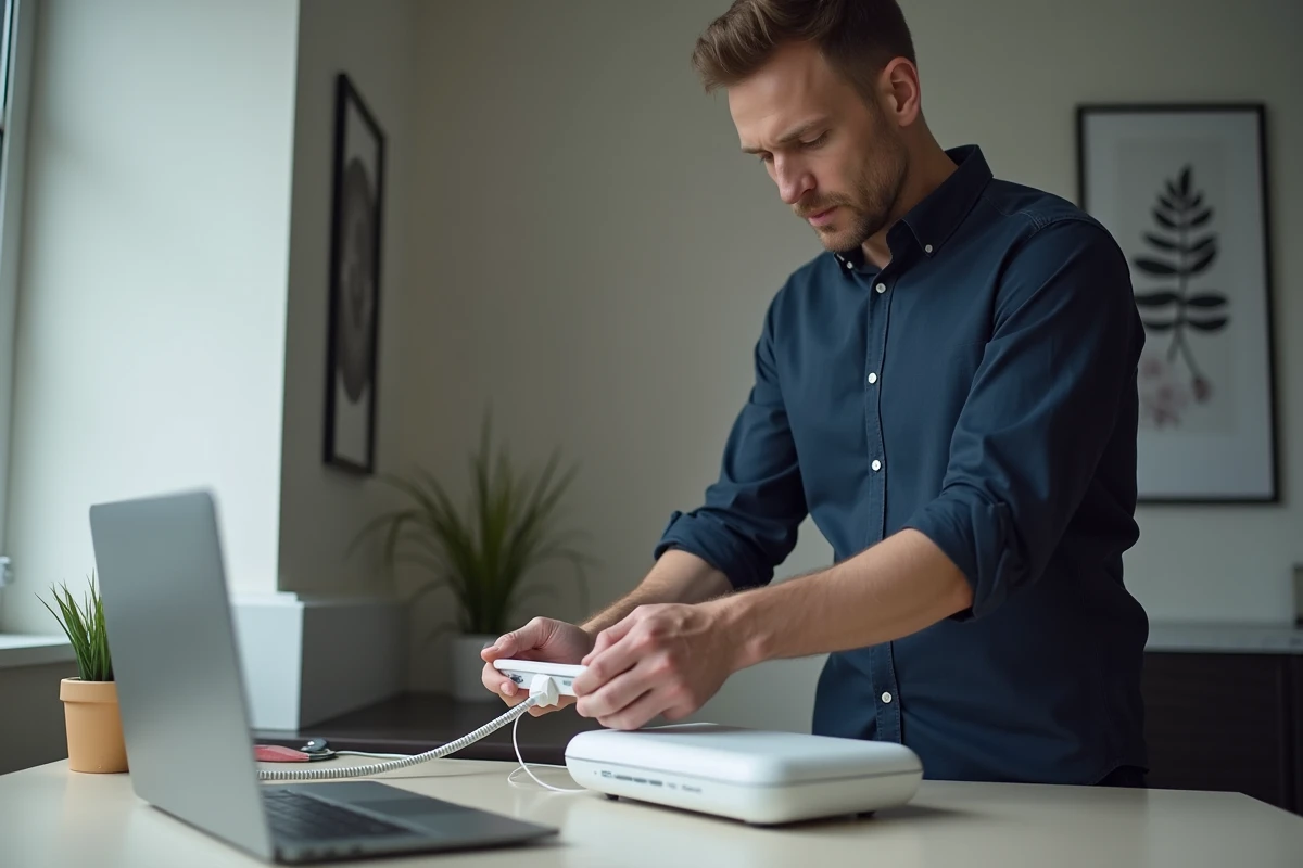 Homme connectant un téléphone VoIP à une box internet dans un bureau à domicile moderne, illustrant la téléphonie IP par box