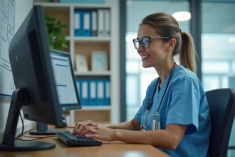 Infirmière en EHPAD saisissant des données de soins sur le logiciel NETSoins à son poste de travail