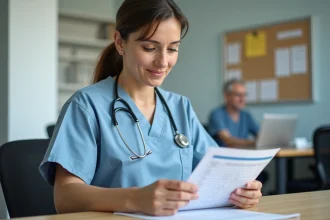 Infirmière en blouse bleue examine une fiche de salaire dans un bureau