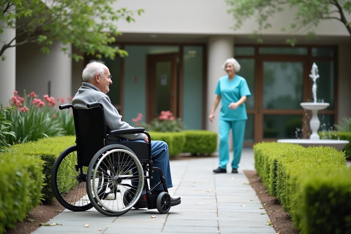 Un résident en fauteuil roulant profite du jardin intérieur aménagé d'un Ehpad Orpea accompagné d'un soignant