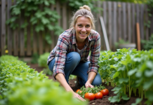 Femme au jardin inspectant des légumes verts et tomates