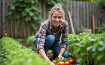 Jardinage facile : quels légumes choisir pour un potager sans entretien ? Femme au jardin inspectant des légumes verts et tomates